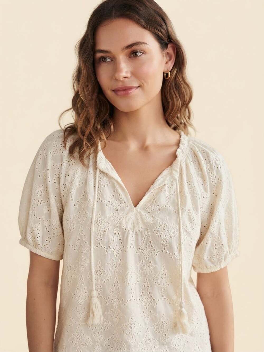 Karen Kane Viola Eyelet Bubble Sleeve Top Size M White Cotton